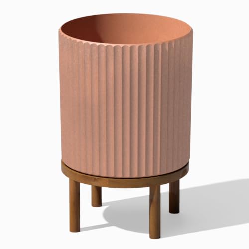 Image of Veradek Demi Series Raised Planter - Round Planter with Stand | Made From a Durable Plastic-Stone Composite & Comes With Wooden Stand. Modern Porch /Patio Decor