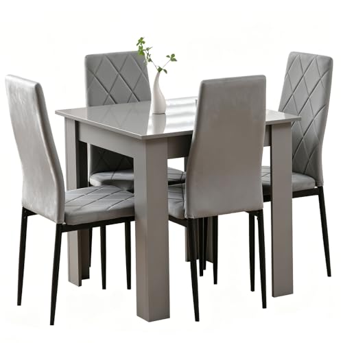 Rainbow Tree Modern 5 Piece Dining Room Table and Chairs Set Wooden Square Table with 4 Chairs for Small Space Apartment Space Saving (Grey Table+4 Grey Argyle Velvet Chair)