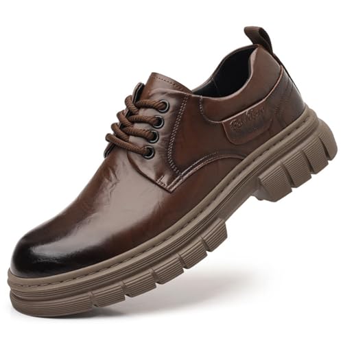 Men's Vintage Leather Lace Up Platform Oxfords Shoes Black Round Toe Soft Rubber Sole Non-Slip Waterproof Business Formal Derby Dress Shoes
