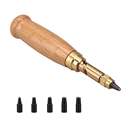 Adjustable Screw Hole Punch Bookbinding Tool,Paper Punch,Craft Punches,6 Tip Sizes 1.5,2,2.5,3,3.5,4mm, Wood Handle