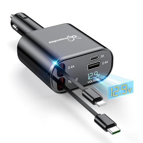 DreamBee Retractable Car Charger,66W 4 in 1 Super Fast Charge Car Phone Charger,Retractable Cables (31.5 inch) and 2 USB Ports Car Charger Adapter for iPhone 17/16/15/14/13/12 Pro Max XR,iPad,Samsung