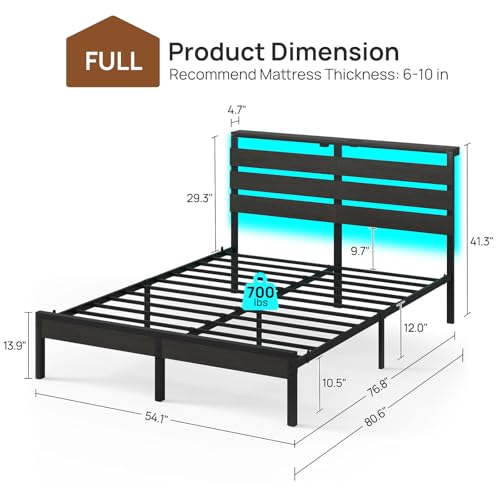 Image of Rolanstar Full Size Bed Frame with USB Charging Station, LED Bed Frame with Wood Storage Headboard, Black Metal Platform Bed with Under Bed Storage, No Box Spring Needed, Noise Free