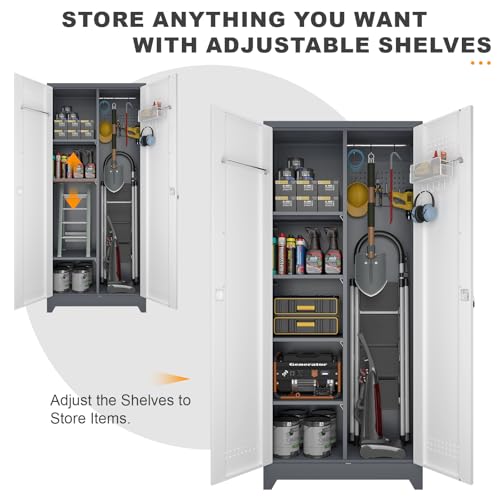 Image of Broom Storage Cabinet, Metal Cabinet with Shelves and Hanging Rod, 72.8 inch Utility Cabinets with Locking Door, Tall Cleaning Storage for Kitchen, Pantry, Office, Shop, Garage
