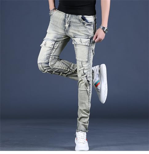 Men's Biker Moto Denim Pants Washed Scratched Slim Fit Jeans Denim Multi Pocket Pants2