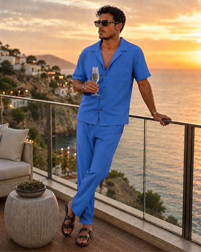 Image of Men's 2 Piece Sets Summer Beach Outfits Button Down Shirt Casual Loose Pant Sets