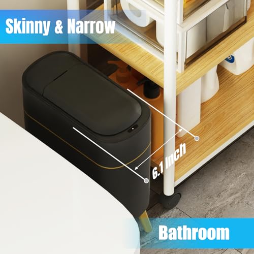 Image of Yatmung Bathroom Trash Can Automatic Touchless - Modern Smart Trash Bin | Narrow Waste Basket for Bedroom, Laundry Room, Office, Plastic - Motion Sensor Garbage Can with Lid - Black with Gold Edge