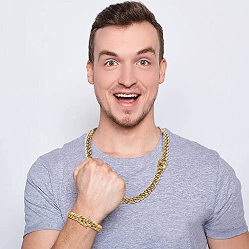 Putouzip Miami Cuban Link Chain Set For Men 18K Gold Plated Stainless Steel 10Mm Curb Bracelet Necklace Diamond Chains(10Mm Gold Lock Set, 24Inch) #TOP4