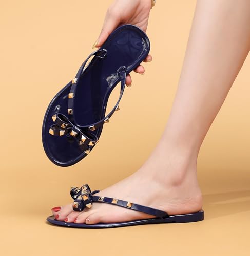 Image of Studded Jelly Shoes for Womens Bow Flip Flops Jellies Sandals Flat Black Summer Beach Thong with Rivets Strappy Slides Slip On