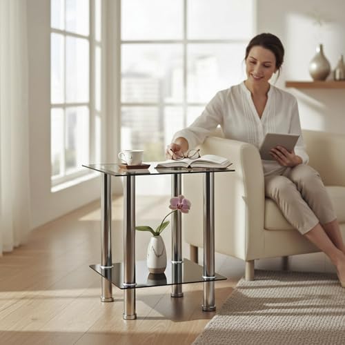 HAKU Möbel Mesa auxiliar acero inoxidable, negro, Acero inoxidable, cristal de seguridad - Dim.: AN 40 cm x AL 46 cm x P 40 cm, Estilo: Moderno - imagen 2