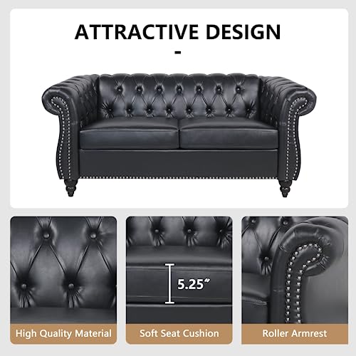 Image of QHITTY Accent Sofa, Chesterfield Loveseat Modern Leather Couch Upholstered Sofa with Tufted Back for Living Room Furniture (Black)