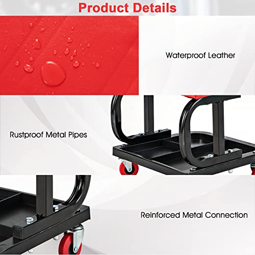 COSTWAY 150kg/185kg Capacity Rolling Mechanic Stool, Soft Padded Creeper Stool Trolley with Tool Tray & 4 Universal Casters, Heavy Duty Garage Workshop Seat Chair (150kg Load, Red+Black) - Image 5