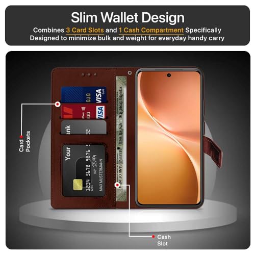 Image of WOW IMAGINE Shock Proof Flip Cover Back Case Cover for Vivo V60 5G | V60e 5G | Vivo T4 Pro 5G (Flexible | Leather Finish | Card Pockets Wallet & Stand | Chestnut Brown)
