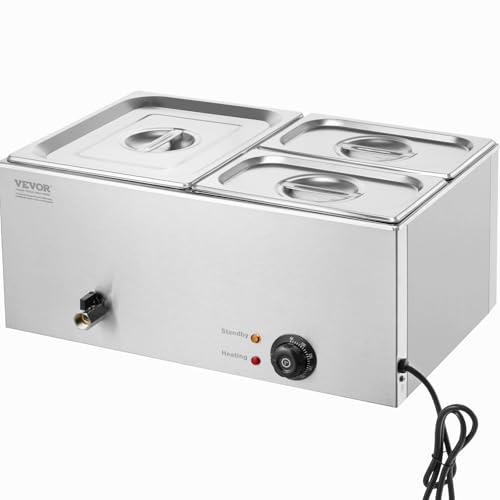 VEVOR Chauffe-Plat Buffet à 3 Bacs, Bain-Marie Électrique 16 L 1200 W, Buffet Chauffant en Acier...