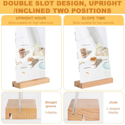 kiptyg 6 Stück Tischaufsteller A6, Acryl Tischständer mit Holzfuß – Doppelseitiger Displayständer für Preisschilder, Menükarten – Ideal für Restaurants, Cafés, Büros(14,8 x 21 cm, Hoch & Schräg)