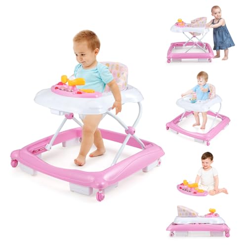 Image of BABY JOY Baby Walker, 4 in 1 Foldable Activity Walker with Adjustable Height, Music, Lights, Anti-Rollover Toddler Push Walker, Baby Walker with Wheels for Boys Girls 7-14 Months (Pink)