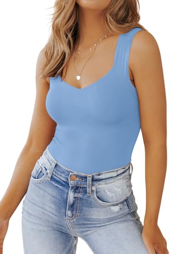 PINKMSTYLE Womens Sleeveless V Neck Fitted Double Layer Tank Top Stretchy Tee Trendy Club Outfits Tops Light Blue XX-Large