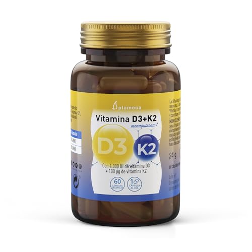 PLAMECA Vitamina D3 + K2 Huesos Fuertes y Sanos, con Vitamina D3 y K2, 60 Cápsulas Vegetales