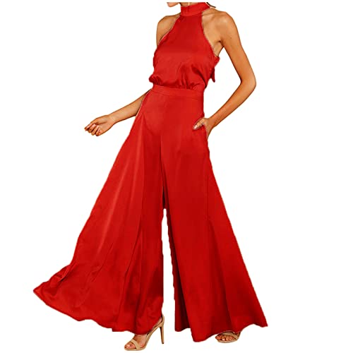 Tute Donna Eleganti Da Cerimonia Jumpsuit Tutina Lunghe a Gamba Larga Pantaloni Abito Lungo Elegante Senza Maniche Jumpsuit Estivo Tasche Capestro Per Matrimonio, Damigella D'onore, Feste, Pantaloni