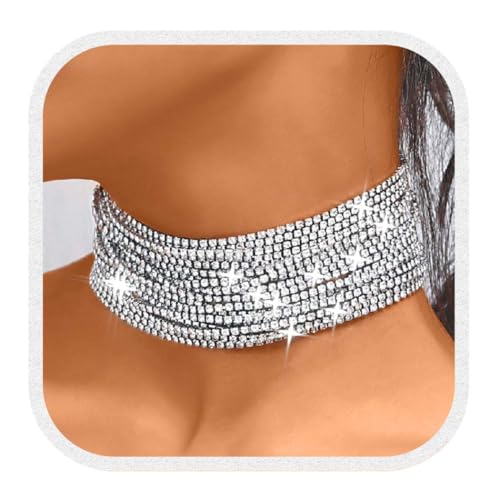 Reaky Choker-Halskette, Silber, Strass, mehrlagig, glitzernde Halsketten, Schmuck für Frauen (Silber), Einheitsgröße, Kristall
