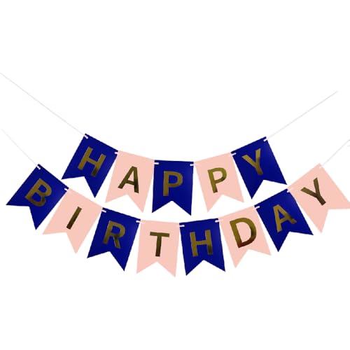 Kiyanest Bannière Anniversaire Bleu & Rose – Guirlande Happy Birthday Élégante pour Décoration de Fête, Banderole Réutilisable pour Adultes & Enfants, Déco Intérieure & Extérieure