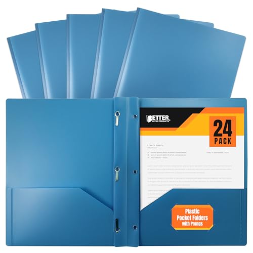 Image of Better Office Products Light Blue Plastic 2 Pocket Folders with Prongs, 24 Pack, Heavyweight, Letter Size Poly Folders with 3 Metal Prongs Fastener Clips, Light Blue