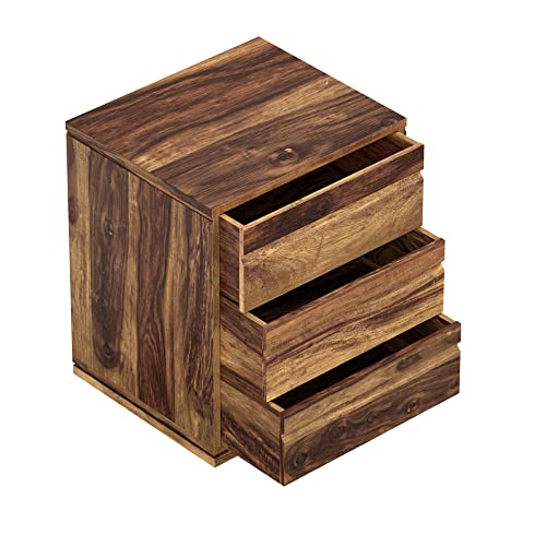 Image of Amazon Brand - Solimo Erore Solid Sheesham Wood Bedside Table with 3 Drawers (Natural Finish)