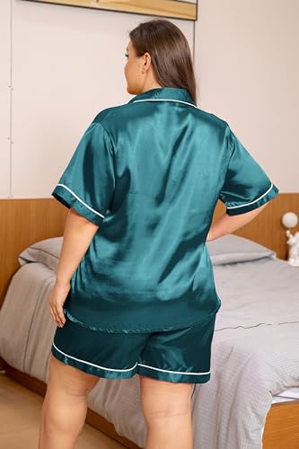 Image of Vozanet Women's Short Sleeve Satin Pajama Sets Silky Ladies Button Down Loungewear Plus Size Nighty Shorts Sets XL to 5XL