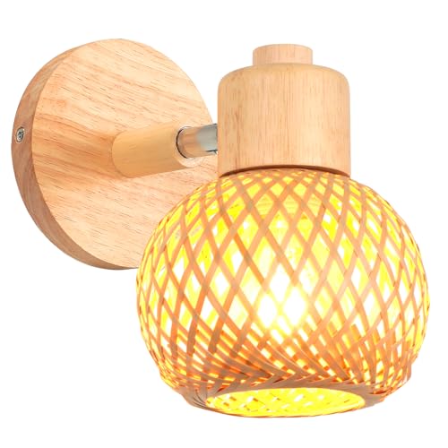 iDEGU Wandleuchte Innen E27 Wandlampe aus Holz Retro Lampenschirm aus Bambus Bohème-Stil Nachttischlampe Verstellbare Wandspot Rattan Lampe für Schlafzimmer Wohnzimmer Flur Esszimmer (13cm)