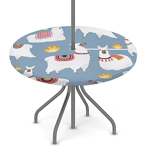 XMNYGJ Cute Llamas Round Fitted Tablecloth with Umbrella Hole Zipper Outdoor Oil Waterproof Stain Resisteant Round Elastic Table Cover for Party, Picnic and Patio 36-44 Inch