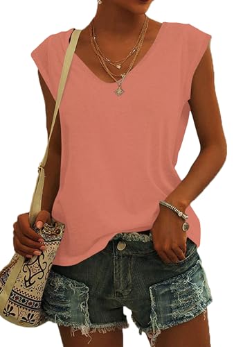 NARRAME Camiseta de Mujer con Cuello en V y Manga Casquillo, Blusas Casuales de Verano para Mujer Liso Rosa Coral X-Large XL 46-48