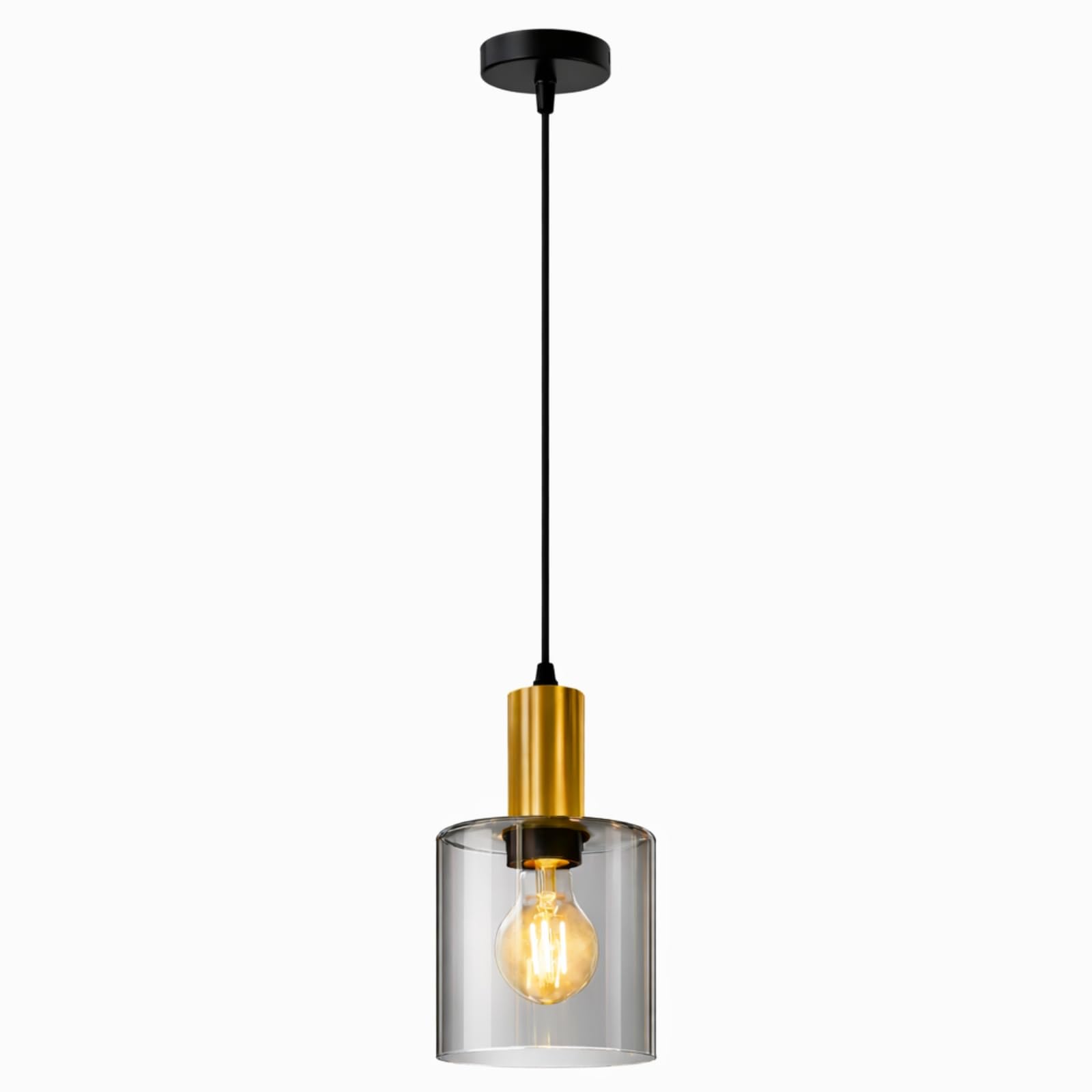 HUA QIANG WANG Glass Pendant Light, Modern Hanging Lamp with Smoke Gray Cylinder Shade, Vintage Industrial Pendant Lighting Fixture