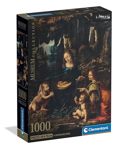 Clementoni – Puzzle 1000 Pezzi Arte per Adulti e Ragazzi, Museum Collection, Tema Vergine delle Rocce di Leonardo Da Vinci, con Poster Incluso, Compact Box, Idea Regalo Made in Italy, 50×70 cm, 39976