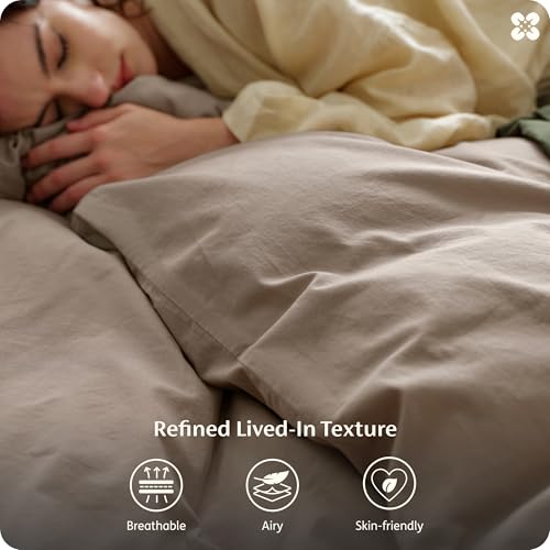 Image of Bedsure 100% Washed Cotton Duvet Cover Queen Size - Light Brown Minimalist Bedding Set Linen Like - PureWoven Plain Simple & Soft Comforter Cover 3-Piece, 3 Pieces (Light Brown, Queen, 90 inchx90 inch)