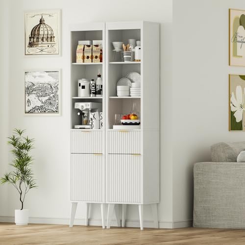 Image of 70-Inch Height Storage Cabinet with Fluted Doors, White Freestanding Modern Accent Floor Organizer for Kitchen, Pantry and Bathroom, w /Drawer & Adjustable Shelves