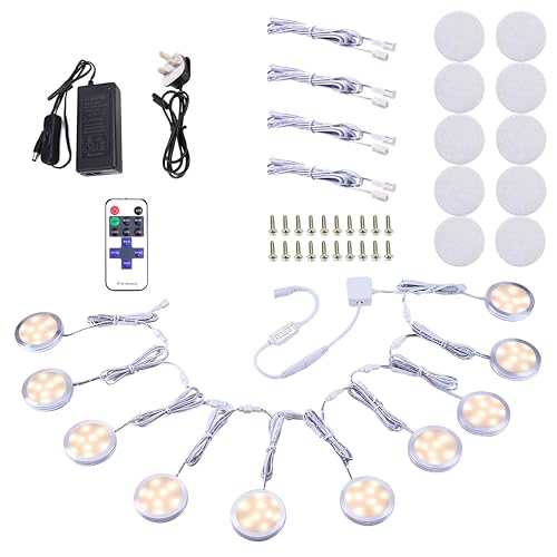 AIBOO Under Cabinet Kitchen Lights LED 10 Pack with Remote,Dimmable Under Cupboard Kitchen Light with Power Plug and Switch,Puck Lights Under Cabinet Lighting Under Counter Light Warm White 2700K