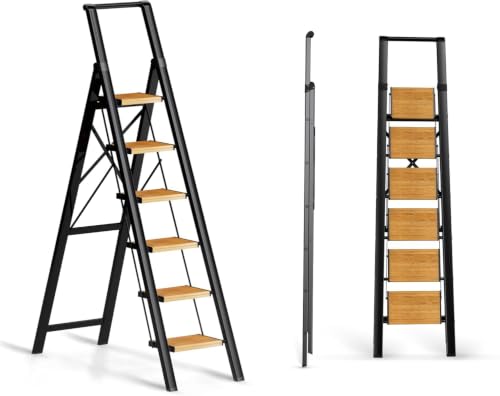 Image of SOLADDER 6 Step Ladder for 12 Ft High Ceiling, Folding Step Stool with Handgrip & Anti-Slip Wide Pedal, Portable Aluminum Stepladder for Kitchen, Home (300 lbs Capacity) - Black+Wood Grain