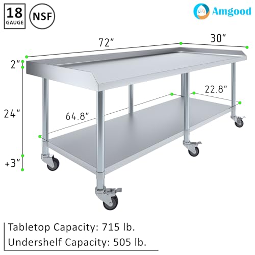 Image of AmGood Stainless Steel Equipment Stand with Undershelf + Casters, Heavy Duty, Commercial Grade, NSF Certified (30 inch Width x 72 inch Length + Casters)