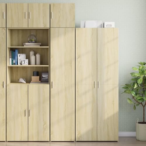 QUAHEAS Armario alto estrecho de roble Sonoma con 6 compartimentos y 2 cajones, 40 x 42,5 x 225 cm, armario de almacenamiento para baño, salón, dormitorio, cocina, armario de almacenamiento versátil
