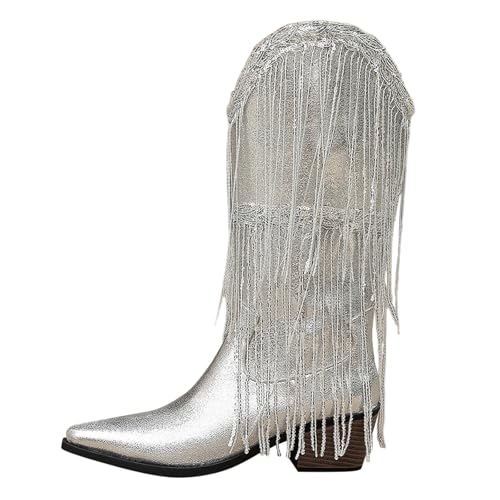 MJGkhiy Botas de mujer Texani Cowboy Western Camperos Botas con Flecos Botines Altos con Tacón de Bloqueo Zapatos Boots de Invierno Cálido Cuero Botín de Punta Marrones Negros, plateado, 38 EU