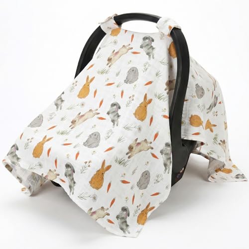 Image of Metplus Car Seat Cover Baby, 100% Muslin Cotton Infant Carseat Covers for Boys and Girls, Lightweight Breathable Canopy, Summer Stroller Sun Shade, Newborn Travel Essentials(Rabbit)