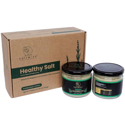 Sal Verde Saltwise, Paquete De 2 En Frasco Gourmet Chef: 50% Menos De Sodio, Sustituto De Sal Vegetal, 100% Salicornia Deshidratada (Alubias Marinas), Umami Natural, Sin Aditivos (400 Gram En Total)
