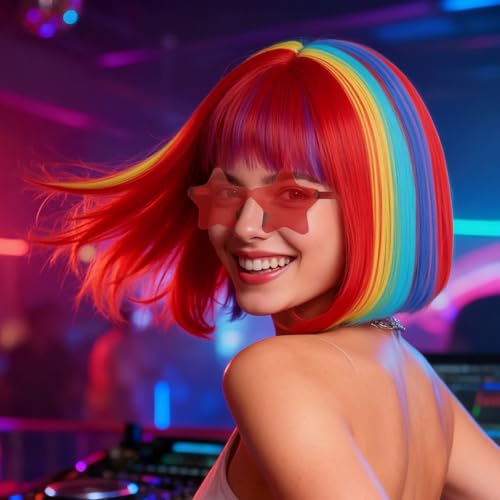 Image of ANOGOL Hair Cap + (Sunglasses) Rainbow Bob Wig with Bangs Womens Party Wigs with Star-Shaped Glasses Short Neon Wig Daily Party Fun Wigs Women Halloween Costume Bachelorette Hair