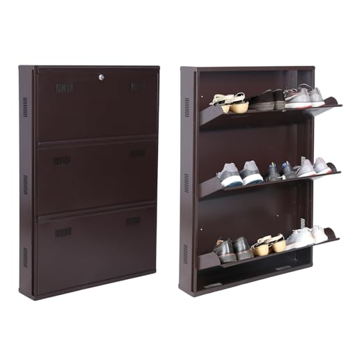 Image of Metal Shoe Rack Wall Mounted for Home with Central Locking | 3 Door 28 inch Wall Mounted Metal 9 Pair Shoe Rack Cabinet | Pre-Assembled Rack Shelves | 3 Year Warranty (Brown)