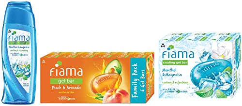 Image of Fiama Cooling Shower Gel Menthol & Magnolia 250 ml & Cooling Gel Bathing Bar Menthol & Magnolia 125 g & Gel Bar Peach and Avocado 125 g