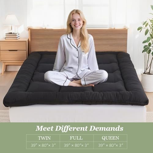 Japanese Floor Mattress Foldable & Portable Roll Up Futon Mattress 3\" Black Tatami Mat for Adult and Kids，Shredded Memory Foam Filled with Straps Sleeping Pad Suitable for Camping，39\"x 80\" Twin Size - Thumbnail 4