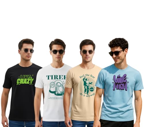 Image of Cotton Blend Regular Fit Half Sleeve Printed Round Neck Multicolor Drop Shoulder T-Shirt for Mens & Boys (Pack of 4)