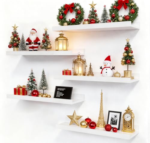 5 Set Modern White Floating Shelves for Wall Decor
