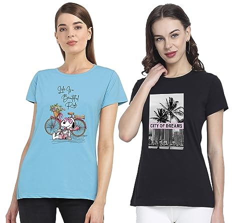 Image of Combo Women's T-Shirts, Cotton Half Sleeves Round-Neck Printed T-Shirt for Girls, & Women Tees (Pack of 2) 960-980-