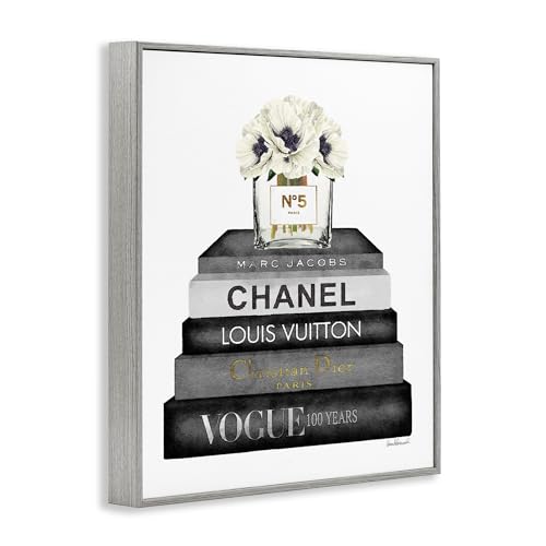 Stupell Industries Fashion Designer Flower Bookstack Black and White Watercolor, Design by Amanda Greenwood Gray Framed Wall Art, 16x203