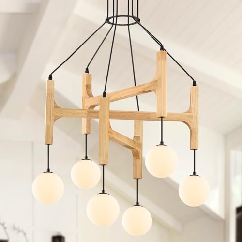 Poemoon Wooden Chandeliers L28 '' Natural Farmhouse 6-Light Milk Glass
